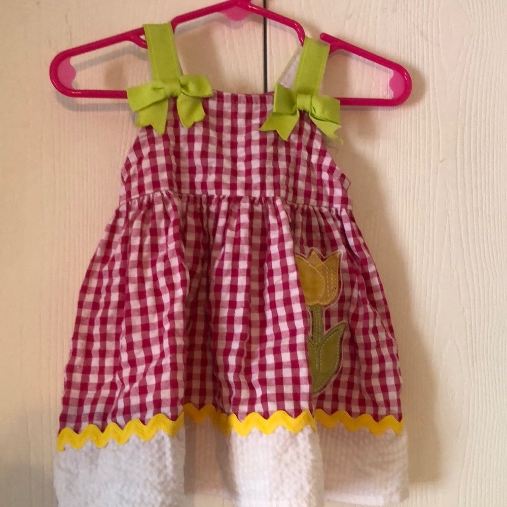 Girls sweet Pink Easter plaid bubble bee Gingham Dress with Tulip Appliqué